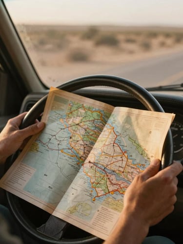 Close-up of hands holding a vintage physical map over a steering wheel, warm golden-hour sunlight streaming through the windshield, dusty road visible ahead.