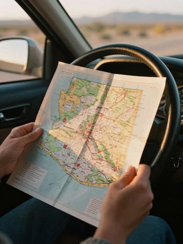 Close-up of hands holding a vintage paper map of Arizona over a steering wheel, warm golden-hour light filtering through the windshield, 35mm film look.