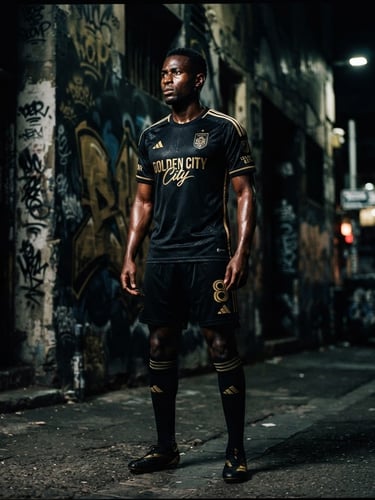 Um modelo com uma camisola de futebol oficial de alta qualidade, em ambiente urbano com grafittis, iluminação dramática de alto contraste, tons de preto e dourado, 35mm