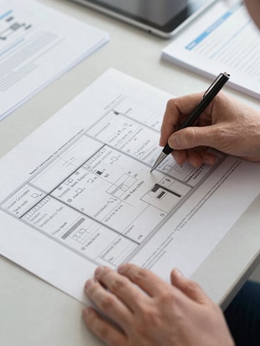 Close-up overhead view of hands on a printed trade show floor plan spread across a briefing table, a pen pointing to a marked booth location, additional documents and a tablet visible at the edge, bright north-facing daylight, clinical and precise