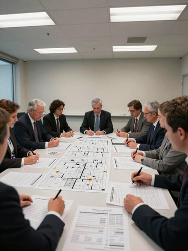 Wide environmental shot of a corporate briefing room, delegates seated around a table reviewing printed trade show floor plans and manifests under bright overhead fluorescent light, documents spread flat, no faces visible, clinical and operational