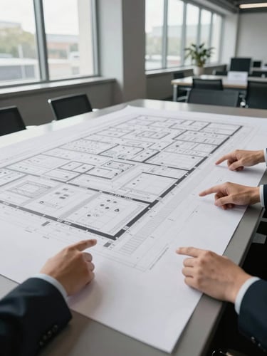 Wide panoramic shot of a large trade show floor plan unfolded across a conference table, two sets of hands pointing at booth coordinates, bright north-facing daylight through tall windows, charcoal and white tones, clinical documentary framing