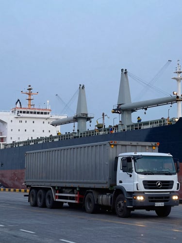 A commercial fleet supply truck parked alongside a massive dry bulk carrier at Chancay port, early morning cool harbor light, industrial crane in background, sharp focus