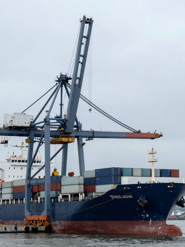Industrial container ship docked at Callao port, heavy crane operations, overcast morning light, steel gray and navy tones, sharp focus, 35mm lens.