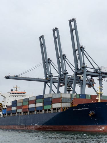 Wide angle shot of a massive container ship docked at Callao port, heavy industrial cranes, overcast sky, cool steel gray tones, sharp focus.