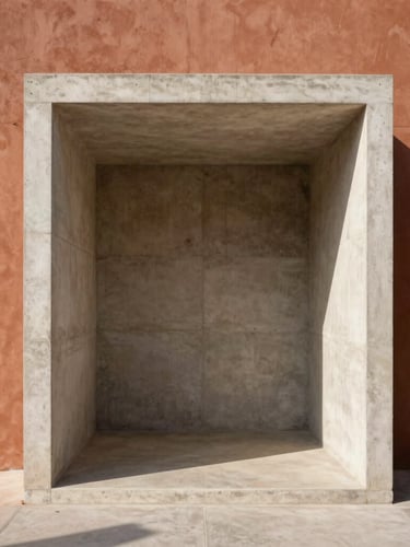 Warm architectural photography of a concrete minimalist pavilion with sharp shadows, bright sunlight hitting a terracotta wall, 35mm