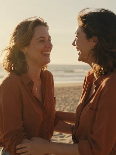 Candid mid-shot of a couple laughing together on a sun-drenched beach, natural motion blur, warm golden hour light, rich terracotta tones