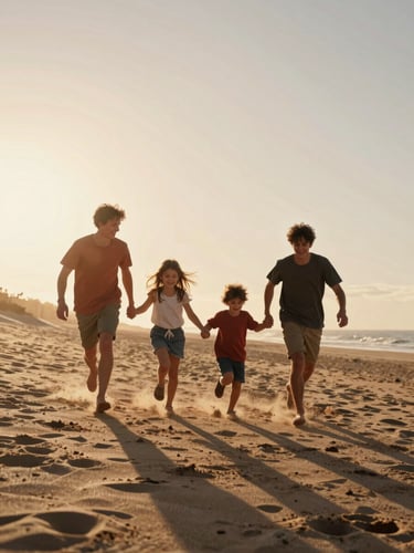 Candid portrait of a young family running down a sandy beach dune at golden hour, warm backlighting, sand flying, pure joy, cinematic 35mm film