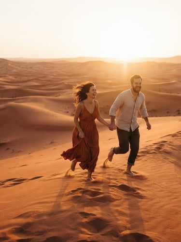 Cinematic wide shot of a couple running through sand dunes at golden hour, warm backlit sun flare, terracotta tones, candid 35mm film style
