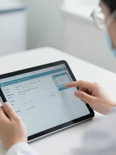 Close-up of Vietnamese clinician learning to use a digital dashboard on a tablet, guided by an expert, bright neutral daylight, professional clinical tones, shallow depth of field.
