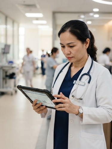 Vietnamese clinician in a modern hospital setting, interacting with a tablet displaying medical data, bright neutral daylight, professional clinical tones, shallow depth of field, sharp 50mm lens