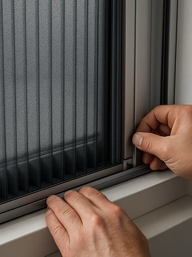 Close-up of a plisse screen system folded and extended in a window frame, installer's hands adjusting the track alignment, overcast daylight showing the mesh tension and frame gap clearance, no lifestyle context