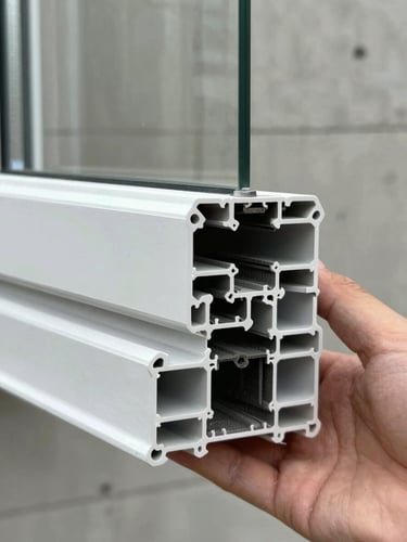 Extreme close-up of a PVC window multi-chamber profile cross-section held at eye level by installer's hand, overcast north-facing daylight illuminating the chamber walls and drainage channels, concrete wall background out of focus, no branding visible