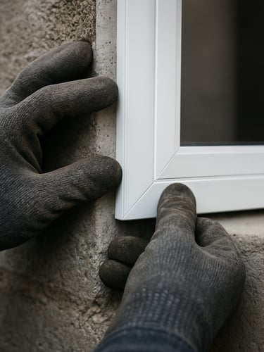 Extreme close-up of a worker's gloved hands pressing a PVC frame corner joint into a masonry opening, natural overcast daylight revealing the flush alignment between frame and wall reveal, concrete texture visible at the edges, no gap between frame and structural surface