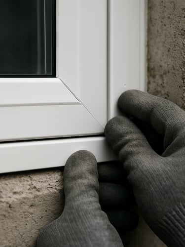 Extreme close-up of a PVC window frame corner joint being pressed flush into a concrete wall opening, installer's gloved hands positioning the frame with precision, natural overcast daylight revealing the tight seal line between frame and wall, no gap visible, concrete texture sharp in focus