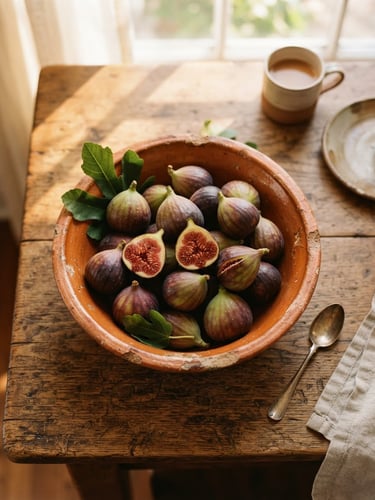 Overhead shot of a rustic wooden table with a handmade terracotta bowl filled with fresh figs, warm morning sunlight casting soft window shadows, 35mm film texture.