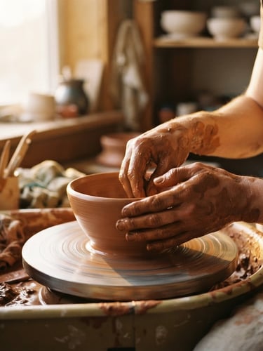 Hands covered in wet terracotta clay shaping a bowl on a pottery wheel, warm golden-hour window light, soft side-shadows, shallow depth of field, 35mm film texture
