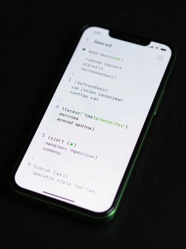 Sleek macro photography of a high-end Android phone displaying clean code blocks in a dark terminal environment, subtle green edge glow