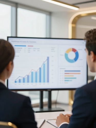 Close-up of a professional corporate consultation in a bright Dubai office, financial charts on a screen in the soft-focus background, gold accents, professional lighting