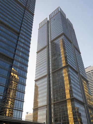 Wide-angle architectural perspective of modern glass skyscrapers in Downtown Dubai under bright, high-key natural morning light, sharp professional focus, deep navy and gold reflections.