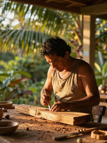 Candid documentary-style shot of a local artisan carving wood in an open-air workshop in Manuel Antonio, warm golden-hour sunlight filtering through palm leaves, shallow depth of field, 35mm