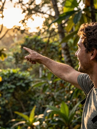 Close-up of a smiling Costa Rican guide pointing towards a rainforest canopy, warm golden-hour sunlight, natural depth of field, warm editorial travel photography, 35mm