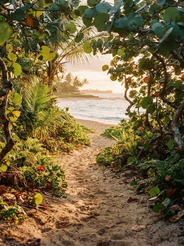 Warm editorial travel photography, golden-hour jungle light, a hidden sandy path lined with wild sea grapes leading to a quiet beach, 35mm, shallow depth of field