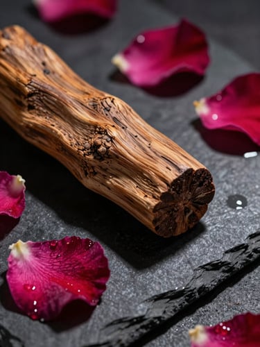 Macro shot of textured raw sandalwood and damp rose petals resting on a dark, reflective slate tile, dramatic chiaroscuro lighting
