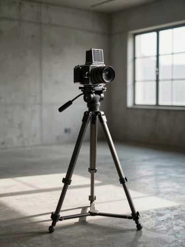 A medium format analog camera mounted on a heavy tripod inside an empty concrete gallery, soft window light casting a long shadow on the floor.