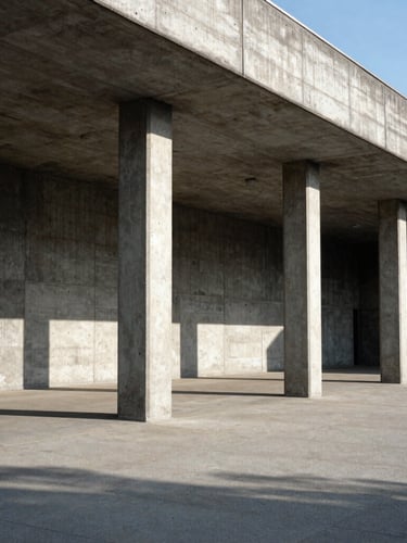 Extreme wide environmental shot of a brutalist concrete pavilion in Warsaw, sharp geometric shadows cast by high-contrast afternoon sun, raw unvarnished light, medium format photography.