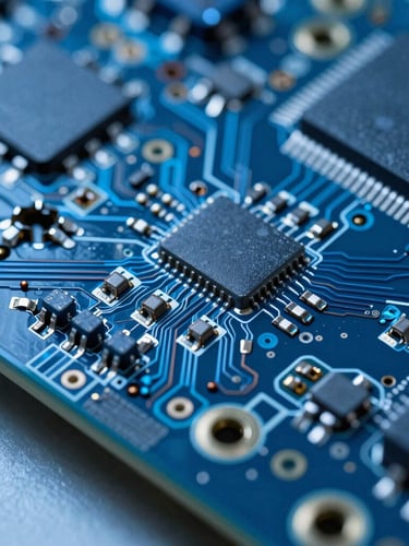 Extreme macro shot of a complex multi-layer PCB, cool laboratory lighting, sharp focus on copper traces and micro-vias, deep slate and electric blue tones, 50mm