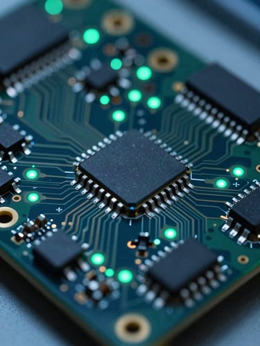 Macro technical photography of a high-density circuit board with glowing green LEDs, cool lab lighting, sharp focus on copper traces, 50mm