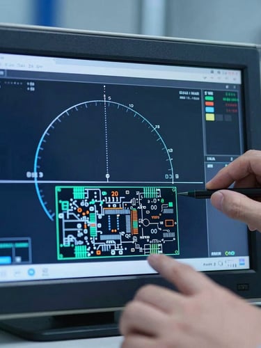 Close-up of an engineer analyzing a vector network analyzer screen showing Smith charts, cool laboratory lighting, precise and clean technical environment