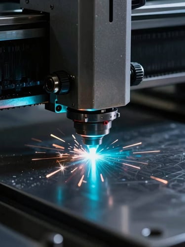 Close-up of a laser cutter head emitting bright cyan sparks onto a steel plate, dramatic dark workshop lighting, high contrast, technical aesthetic
