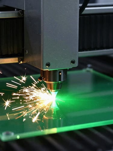 Macro shot of a CNC laser cutter head in action, intense green laser light cutting acrylic, bright sparks flying, dark workshop background, highly technical