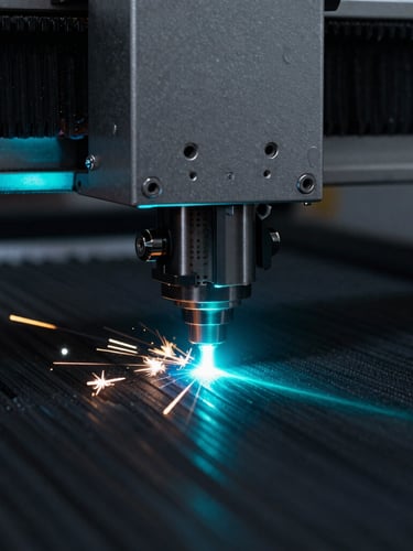 Macro shot of a high-precision CNC laser cutter head emitting a bright electric cyan light path, glowing sparks, dark background, technical aesthetic, 35mm lens.