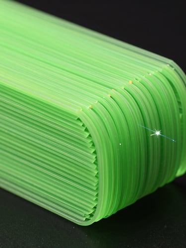 Macro shot of 3D printed layers in neon green filament, clean mesh structure, dramatic high-contrast lighting