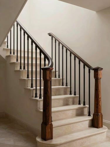Close three-quarter view of a luxury residential staircase run in warm overcast light — dark iron railing rising in geometric precision along pale stone steps, cedar post detail at the base, deep shadow beneath each tread, no people, geometry and material weight as the sole subject