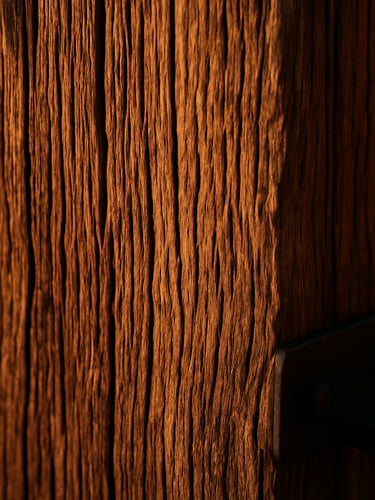 Extreme close-up of aged cedar column surface under warm golden-hour side-light, deep grain lines running vertically, matte black iron bracket hardware visible at lower right corner, shallow depth of field, no people