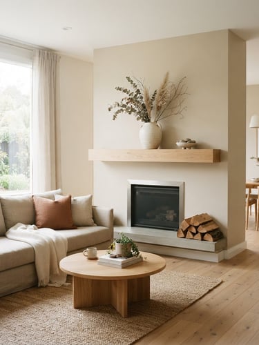 Bright, airy modern living room with natural light, a white oak mantle styled with a minimalist ceramic vase and dried branches, warm neutral tones, editorial photography, 35mm lens