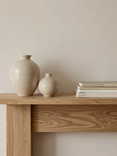 Styled residential vignette of a light oak mantle with a simple ceramic vase and a stack of books, soft diffused daylight, warm minimal interior, 35mm lens