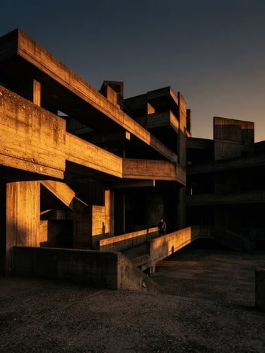 Wide-angle architectural photograph of a brutalist concrete pavilion, sharp side-lighting casting deep geometric shadows, warm amber sunset glow grazing raw stone texture, low-key chiaroscuro, 35mm lens.