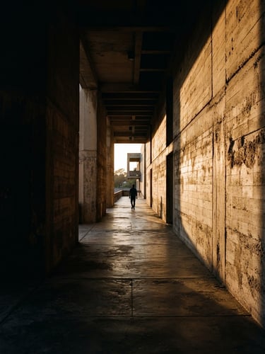 Dramatic architectural photography of a monolithic concrete corridor, sharp golden-hour grazing light cutting across raw stone textures, high-contrast chiaroscuro, deep shadows and warm amber highlights, 35mm lens, wide angle.