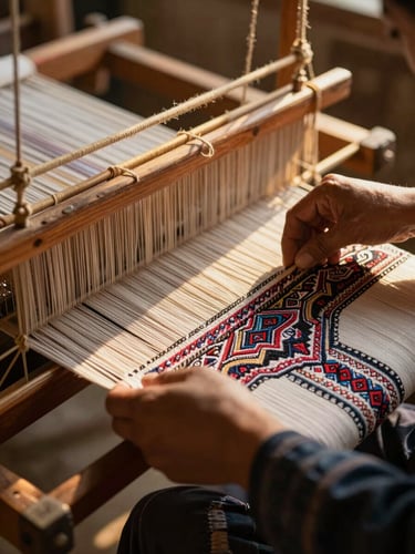 Close-up of hands weaving traditional textiles on a wooden loom, warm golden hour light, focusing on the intricate patterns and skilled craftsmanship.