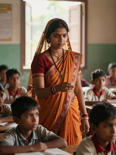 A medium shot of a young tribal woman teaching a classroom of focused children in rural Maharashtra, warm natural daylight streaming through a window, eye-level angle emphasizing agency.