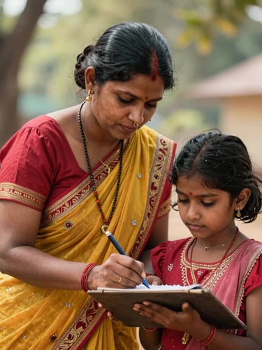 Medium shot of a tribal woman instructor guiding a young girl writing on a slate, warm natural daylight, focused expression, Maharashtra rural setting.