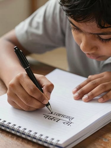 Close-up of hands-on learning, a young student writing Marathi script in a clean notebook, warm natural daylight, focused expression emphasizing agency.