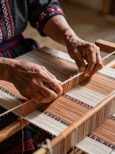 An eye-level close-up of a tribal woman's hands skillfully weaving a traditional textile on a wooden loom, warm natural sunlight highlighting the clay-toned threads.