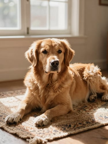 A golden retriever parent dog resting on a vintage woven rug inside a sunlit farmhouse, soft window light, warm and cozy domestic atmosphere