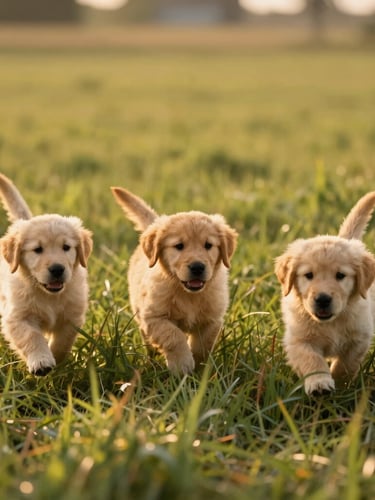 Wide candid shot of golden retriever puppies playing in tall green grass on a sun-drenched farm, warm golden-hour light, shallow depth of field.